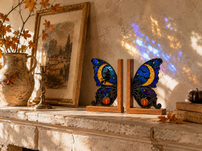 Witch Moon Butterfly bookend set arranged for indoor display