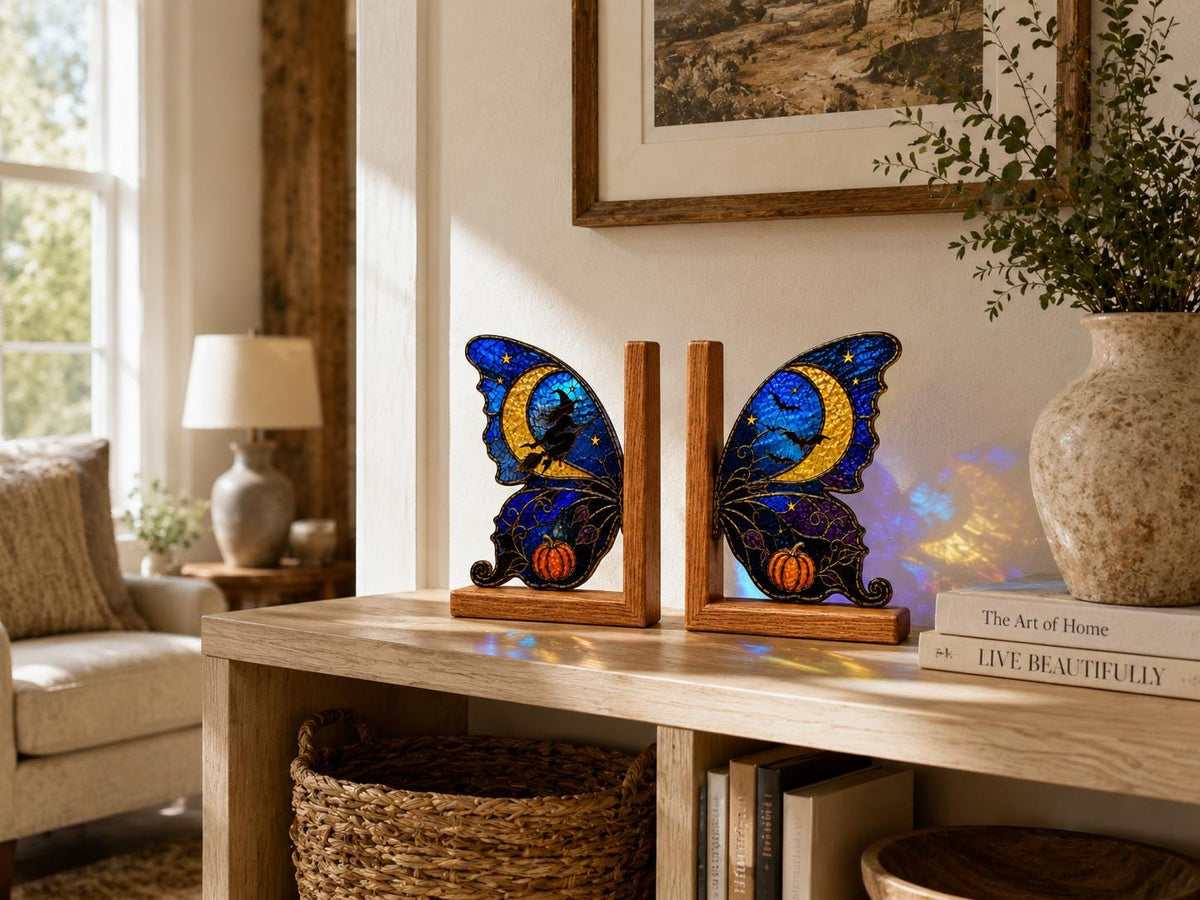 Scale or packaging view for the witch moon butterfly bookend set