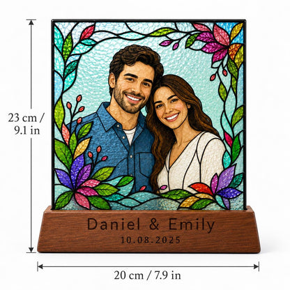Personalized Photo Portrait Plaque glass tabletop glass decor near a bright window