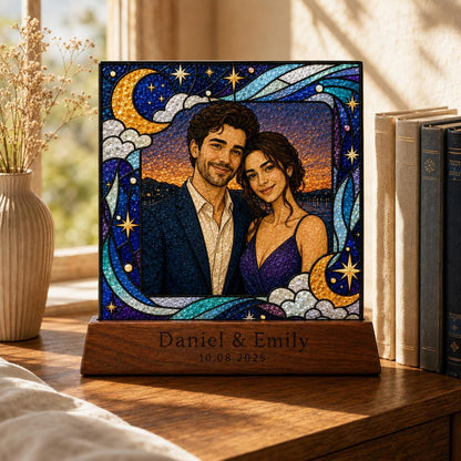 Front view of the personalized photo portrait plaque stained glass tabletop glass decor