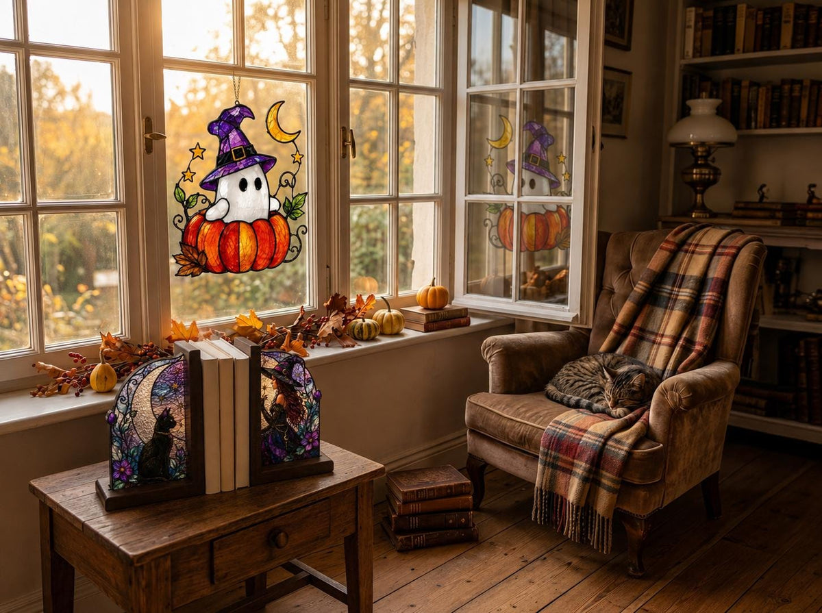 Halloween Ghost stained glass hanging suncatcher in a styled home interior