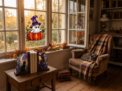 Halloween Ghost stained glass hanging suncatcher in a styled home interior