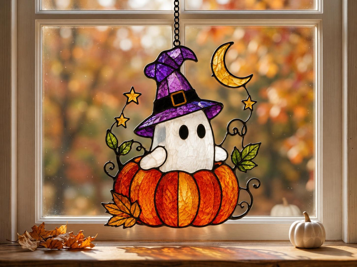 Halloween Ghost Stained Glass Suncatcher displayed in natural light