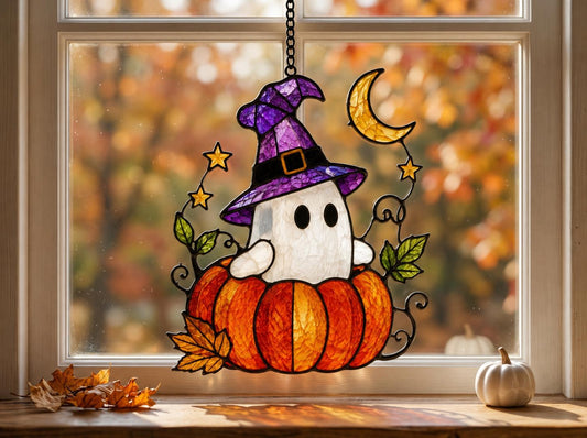 Halloween Ghost Stained Glass Suncatcher displayed in natural light