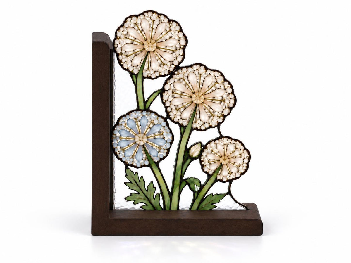 Dandelion Floral stained glass bookend set in a styled home interior