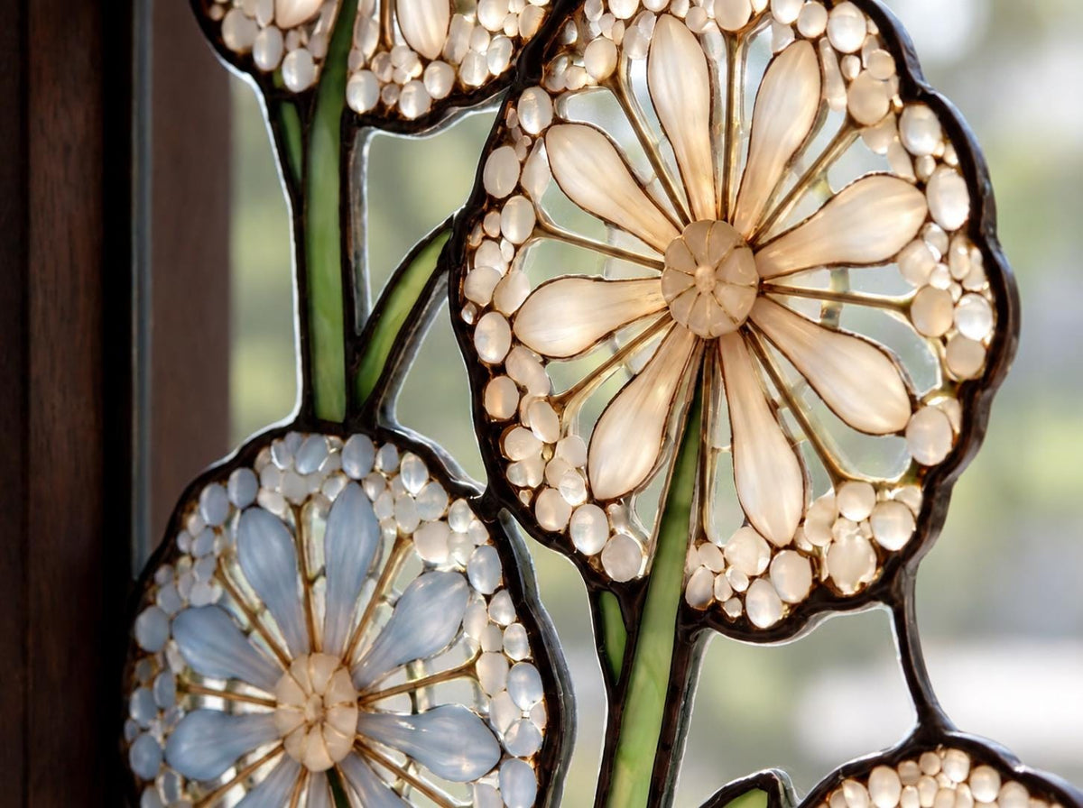 Angled view of the dandelion floral glass artwork
