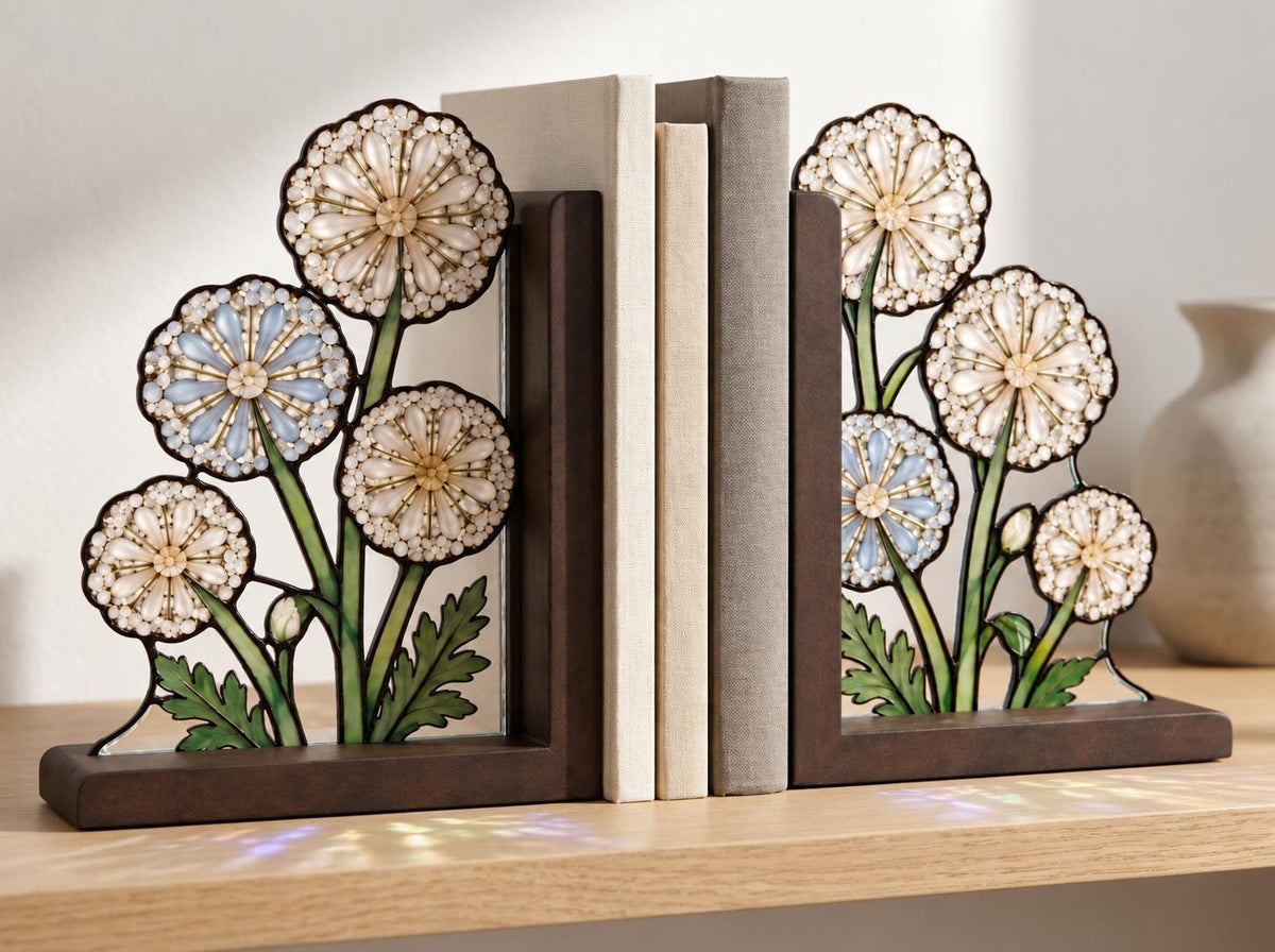 Dandelion Floral stained glass bookend set in a styled home interior