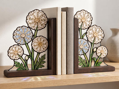 Dandelion Floral stained glass bookend set in a styled home interior