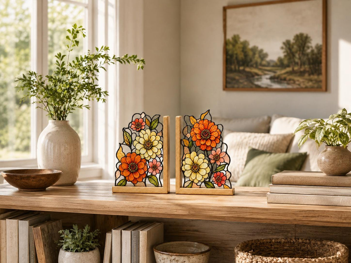 Botanical Flower stained glass bookend set in a styled home interior