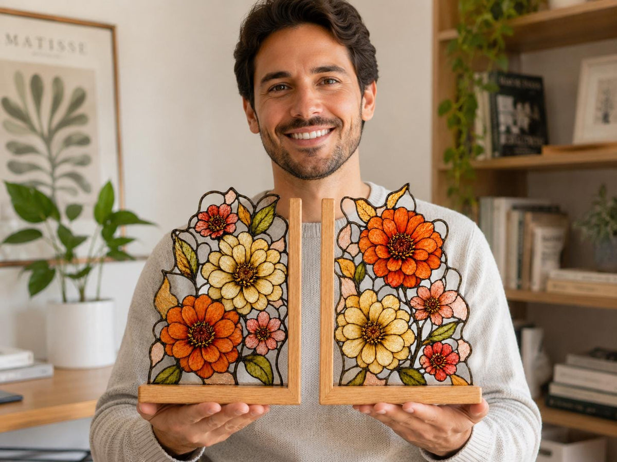 Botanical Flower Stained Glass Bookends with Wood Bases displayed in natural light