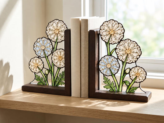 Dandelion Floral Stained Glass Bookends with Wood Bases displayed in natural light