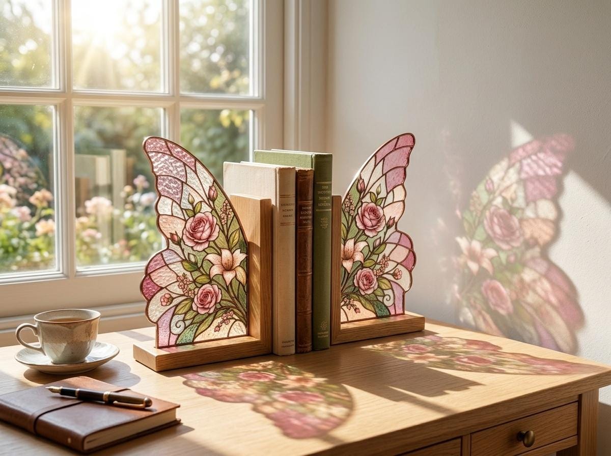 Angled view of the pink rose butterfly glass artwork