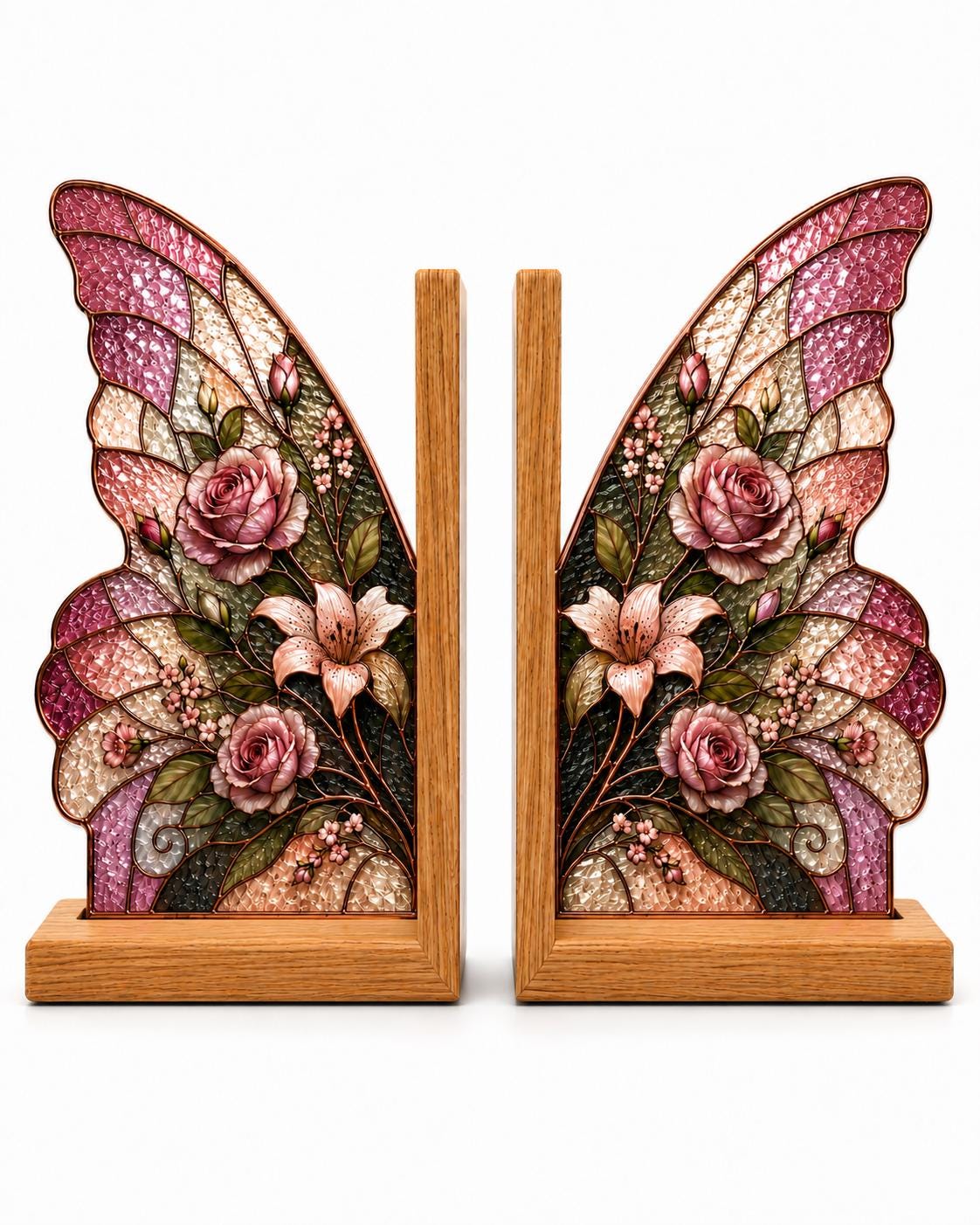 Pink Rose Butterfly Stained Glass Bookends with Wood Bases displayed in natural light