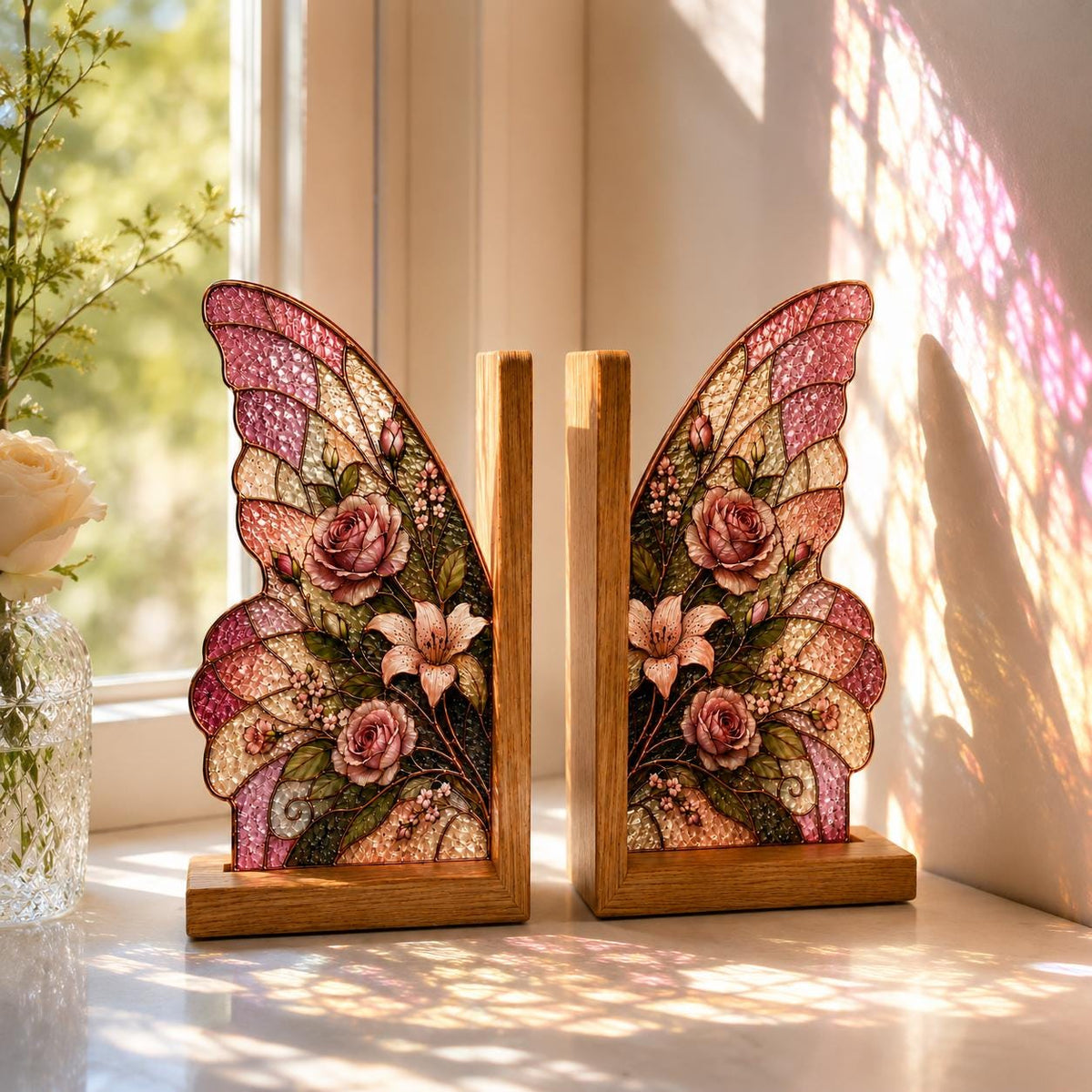 Pink Rose Butterfly glass bookend set near a bright window