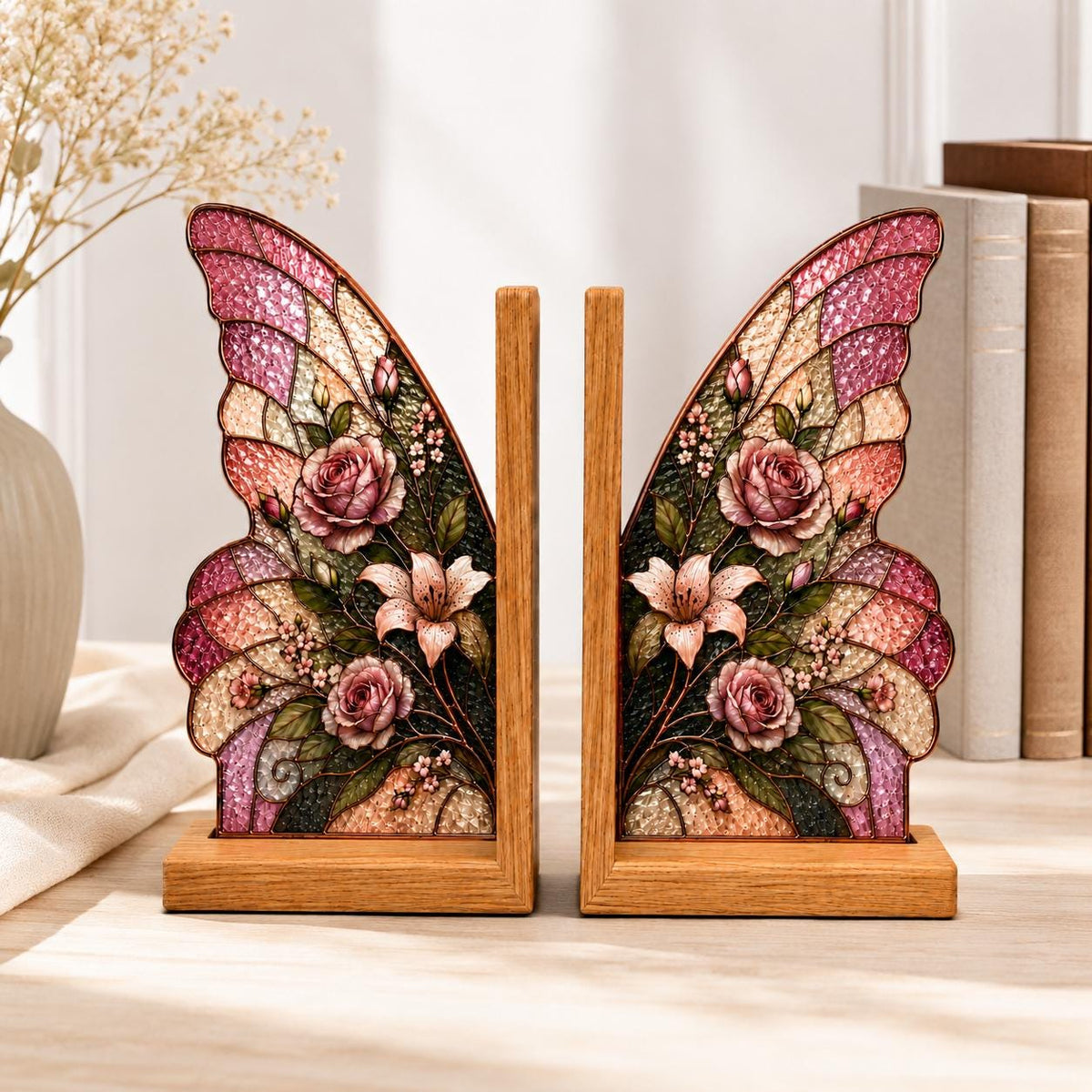 Scale or packaging view for the pink rose butterfly bookend set
