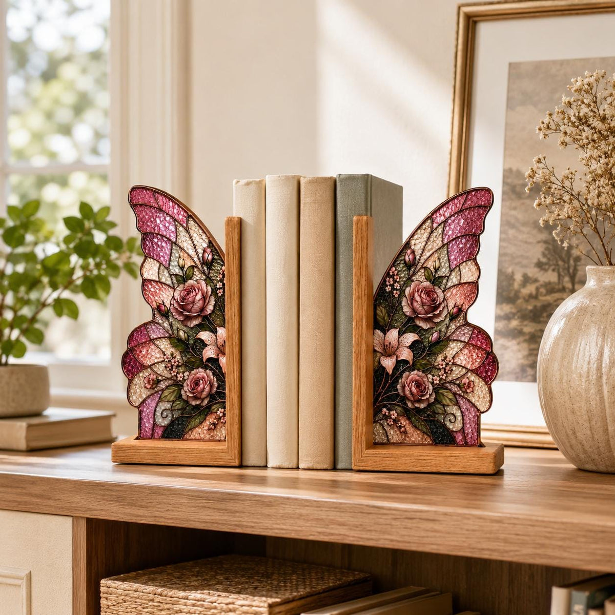 Pink Rose Butterfly bookend set arranged for indoor display