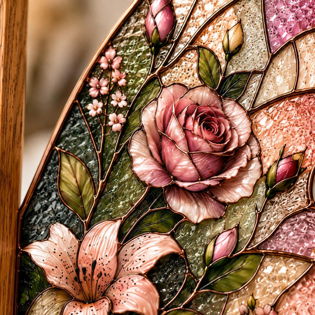 Additional view of the pink rose butterfly glass design