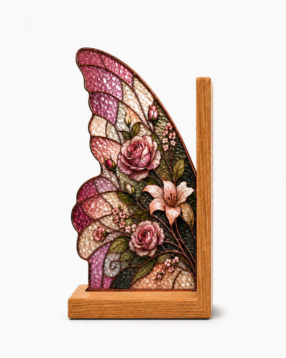 Pink Rose Butterfly stained glass bookend set in a styled home interior