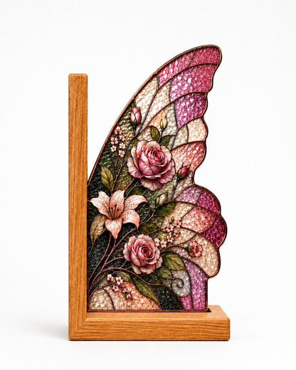 Front view of the pink rose butterfly stained glass bookend set
