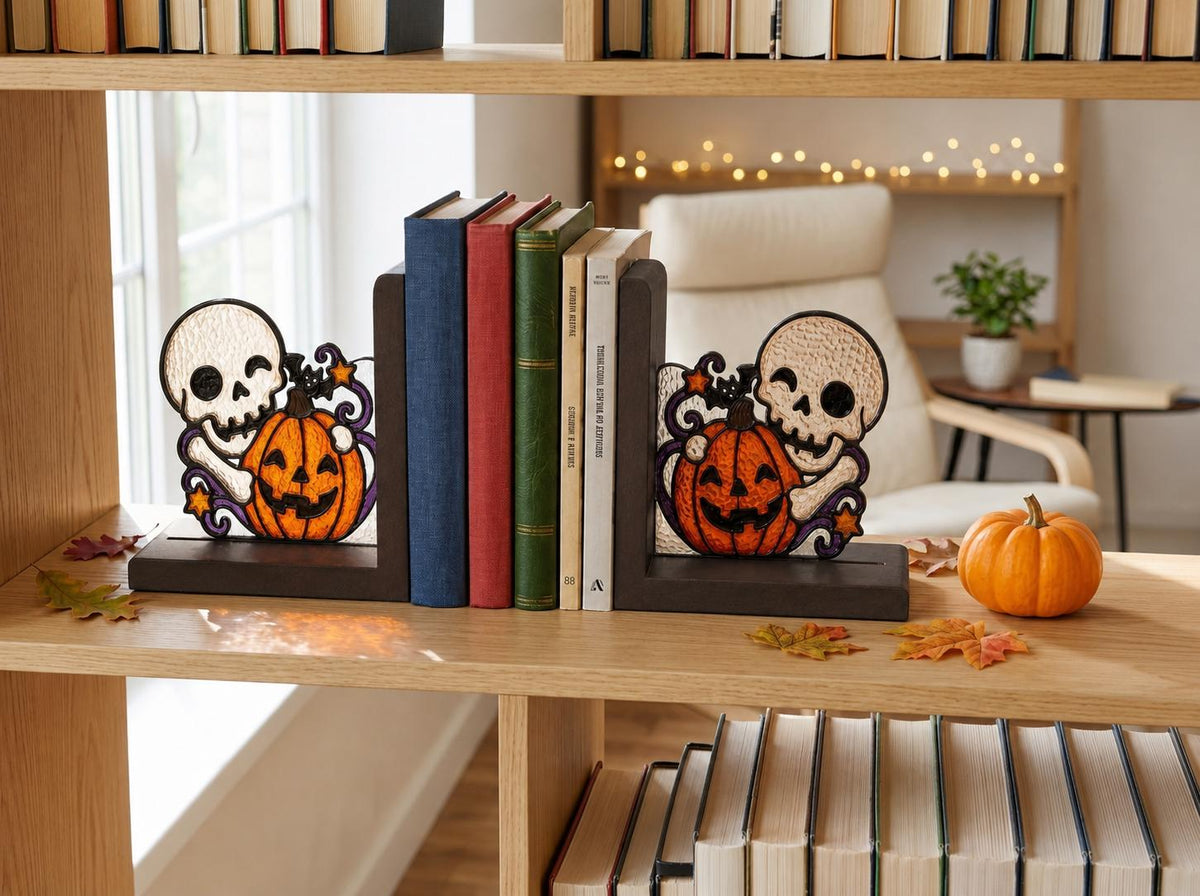 Front view of the halloween skull and pumpkin stained glass bookend set