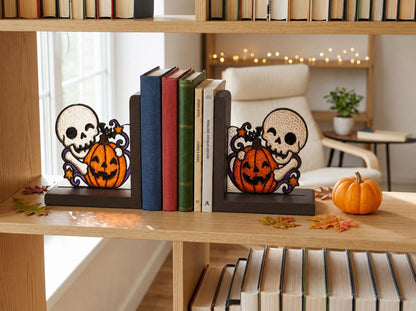Front view of the halloween skull and pumpkin stained glass bookend set