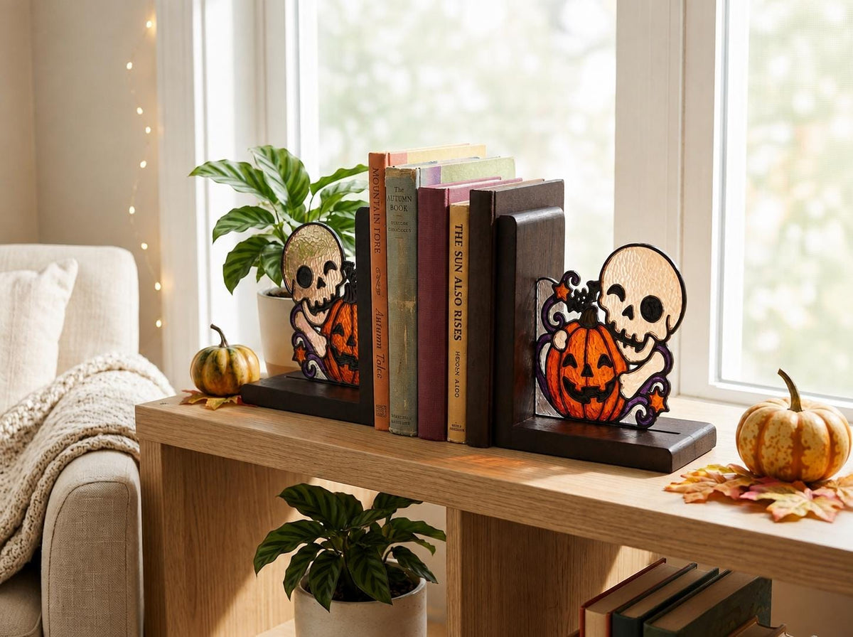 Angled view of the halloween skull and pumpkin glass artwork