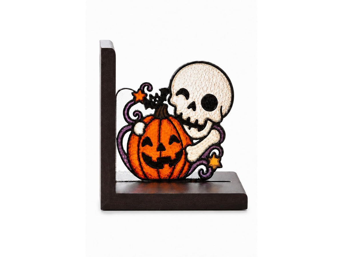 Halloween Skull and Pumpkin Stained Glass Bookends with Wood Bases displayed in natural light