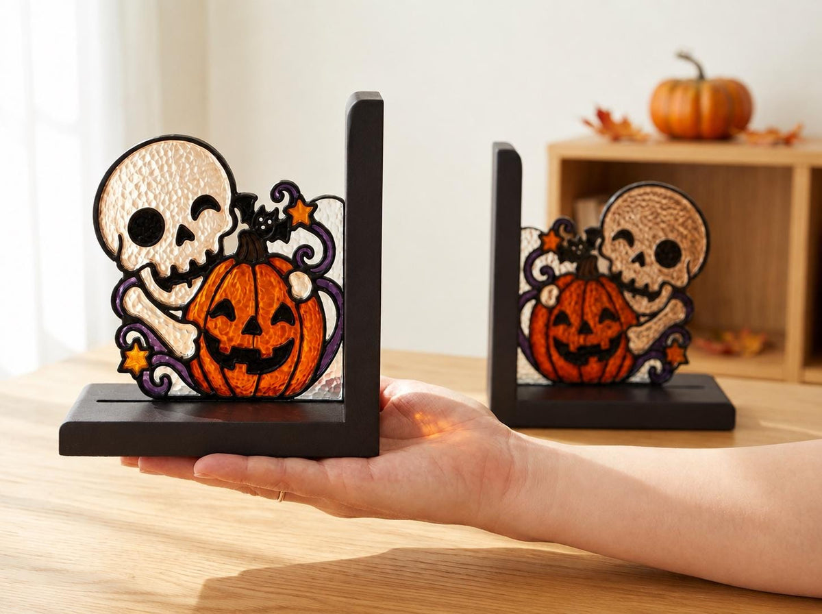 Close view showing color and texture in the halloween skull and pumpkin design