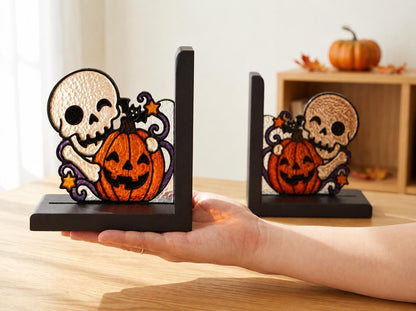 Close view showing color and texture in the halloween skull and pumpkin design