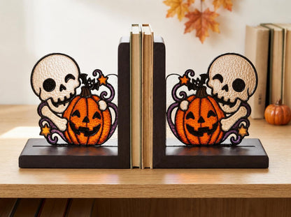 Halloween Skull and Pumpkin stained glass bookend set in a styled home interior
