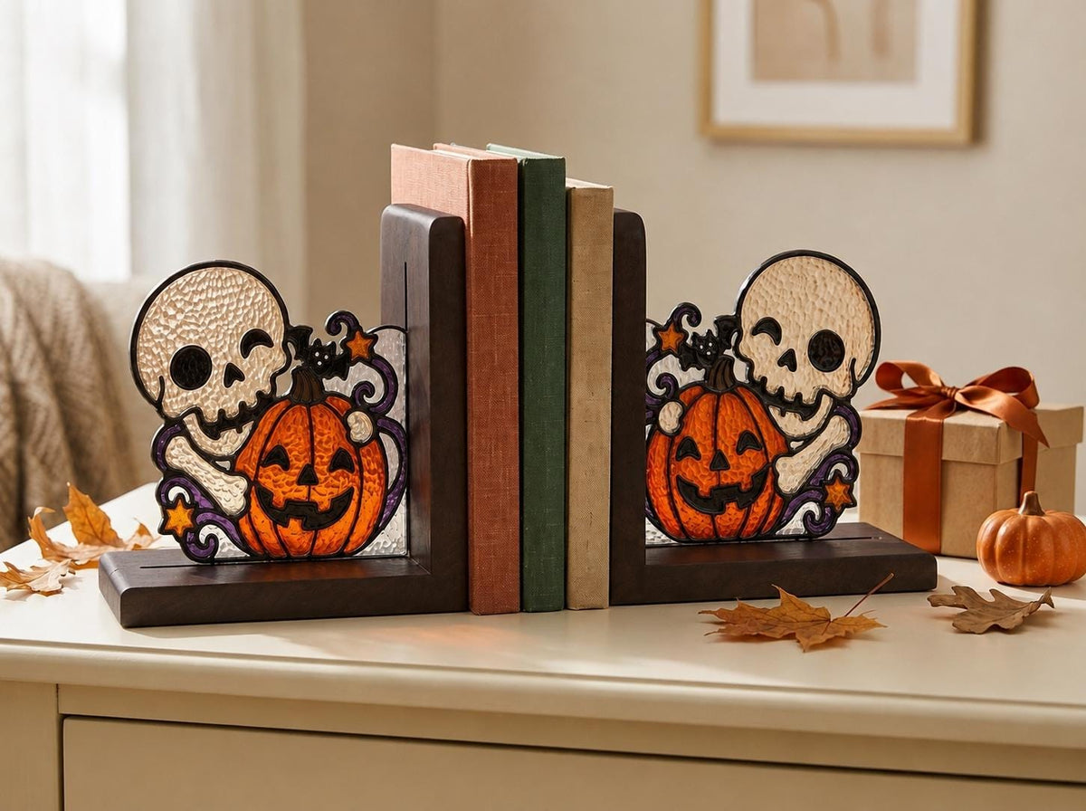 Halloween Skull and Pumpkin Stained Glass Bookends with Wood Bases displayed in natural light