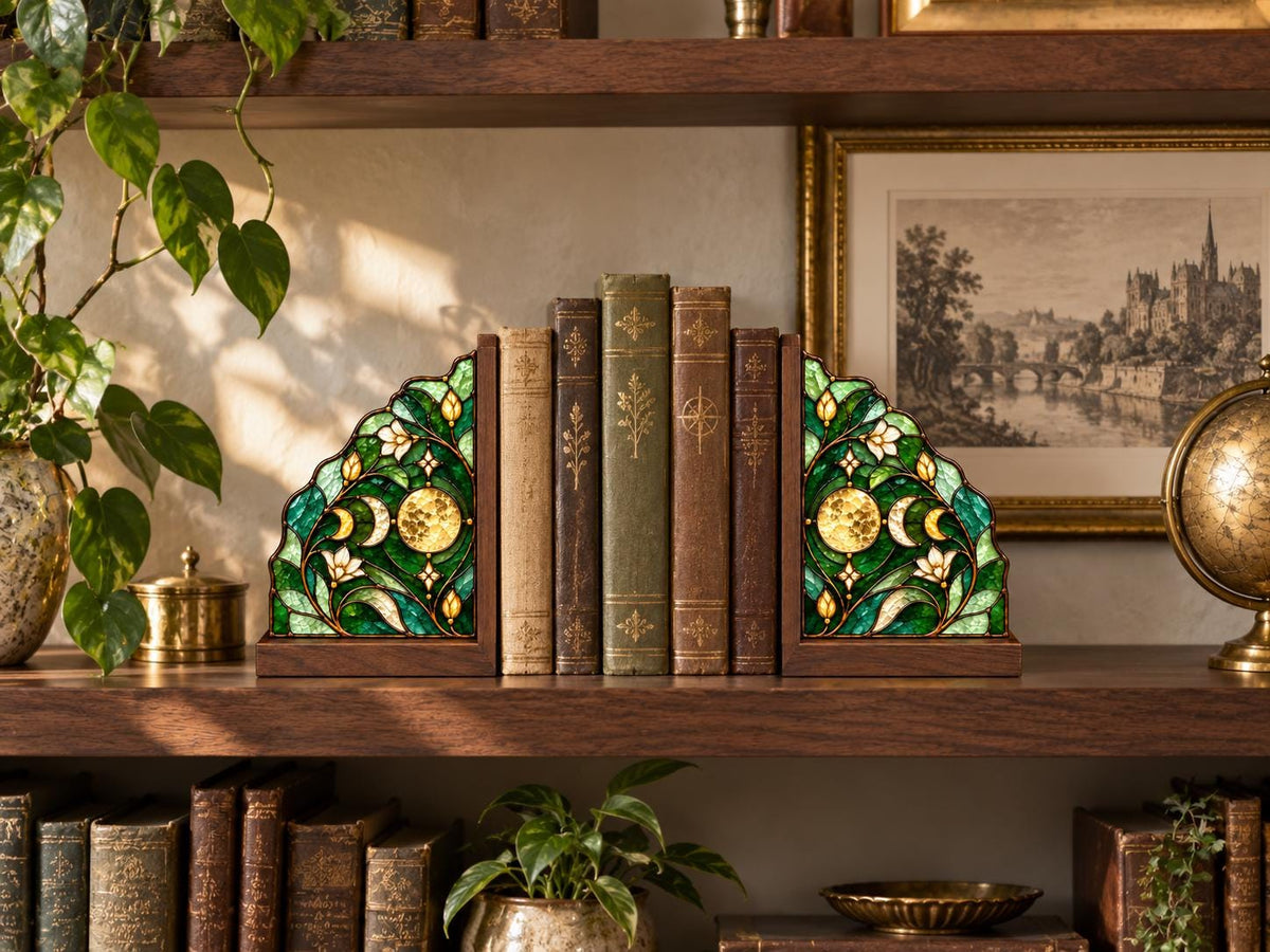 Moon Phase glass bookend set near a bright window