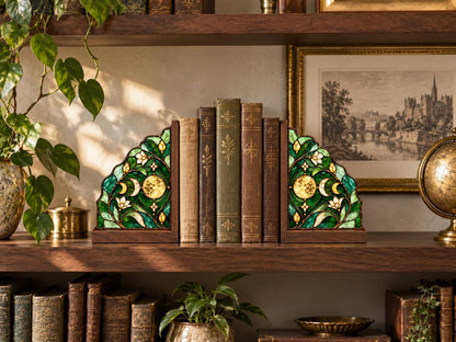 Moon Phase glass bookend set near a bright window