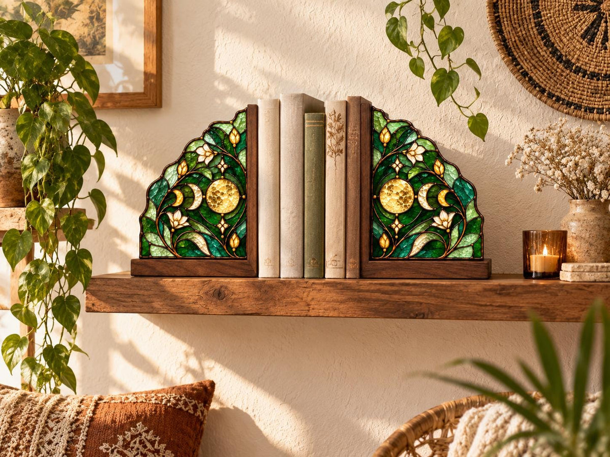 Moon Phase stained glass bookend set in a styled home interior