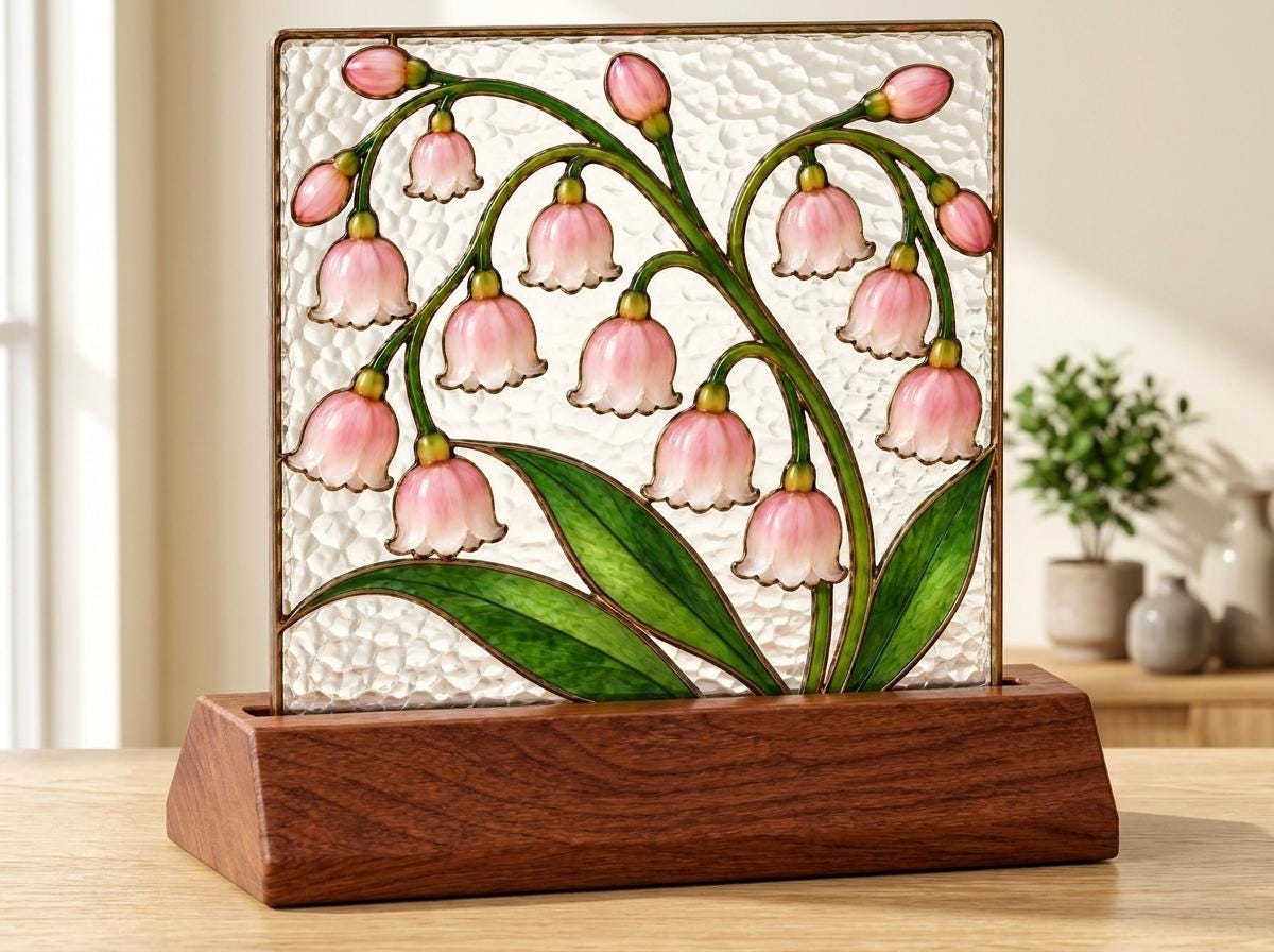 Angled view of the pink lily of the valley glass artwork