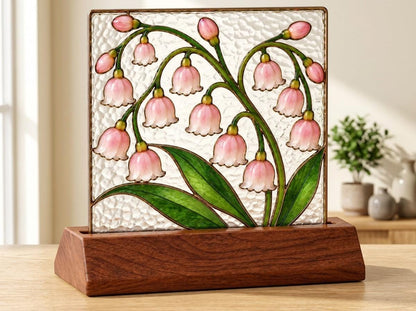 Angled view of the pink lily of the valley glass artwork