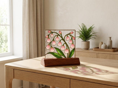 Front view of the pink lily of the valley stained glass tabletop glass decor