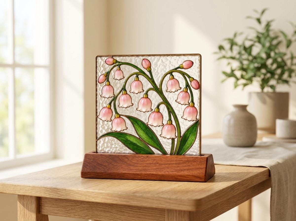 Pink Lily of the Valley Stained Glass Tabletop Decor with Wood Base displayed in natural light