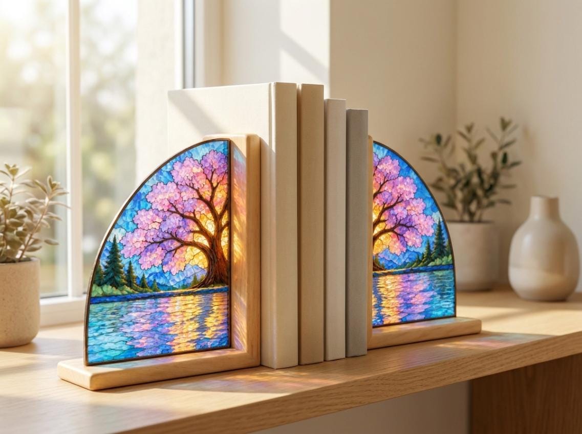 Angled view of the cherry blossom glass artwork