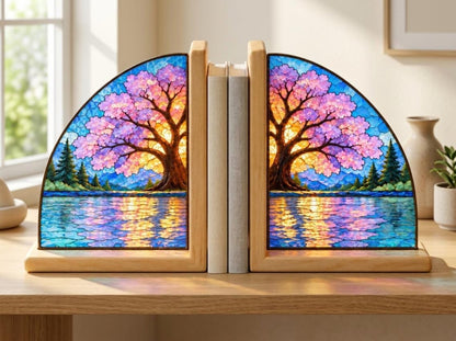 Cherry Blossom stained glass bookend set in a styled home interior