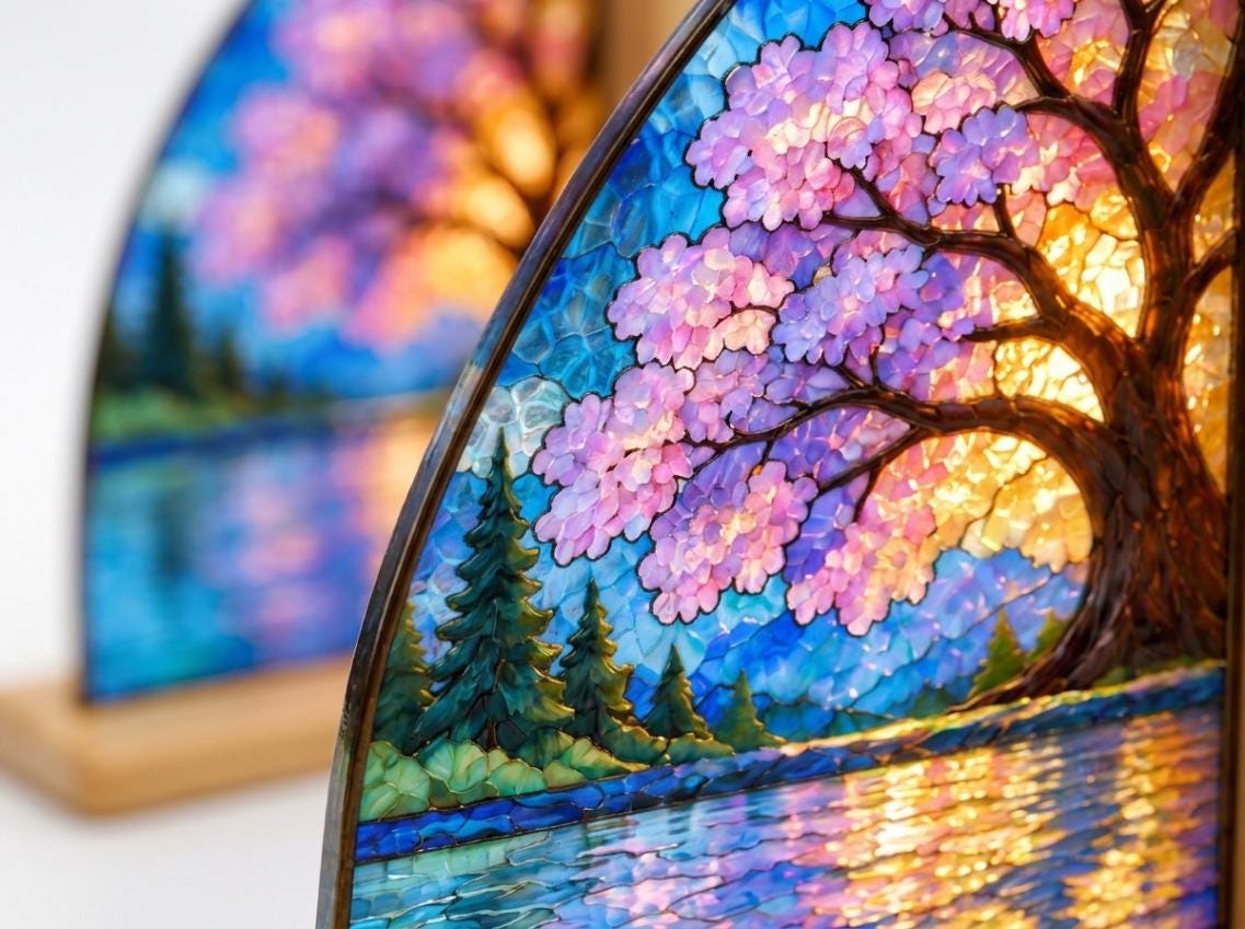 Cherry Blossom glass bookend set near a bright window