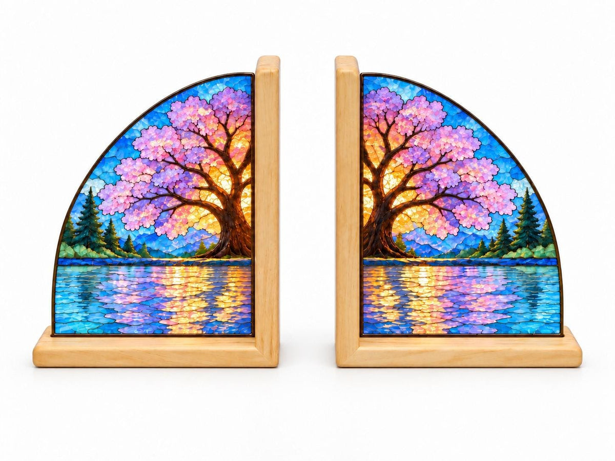 Cherry Blossom Stained Glass Bookends with Wood Bases displayed in natural light
