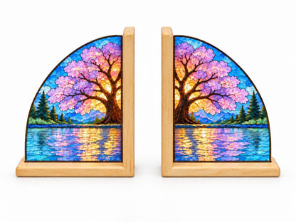 Cherry Blossom Stained Glass Bookends with Wood Bases displayed in natural light