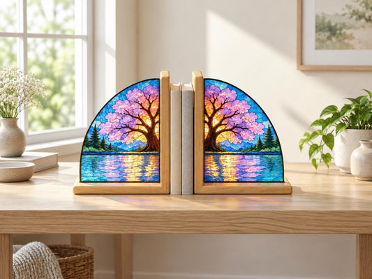 Cherry Blossom Stained Glass Bookends with Wood Bases displayed in natural light