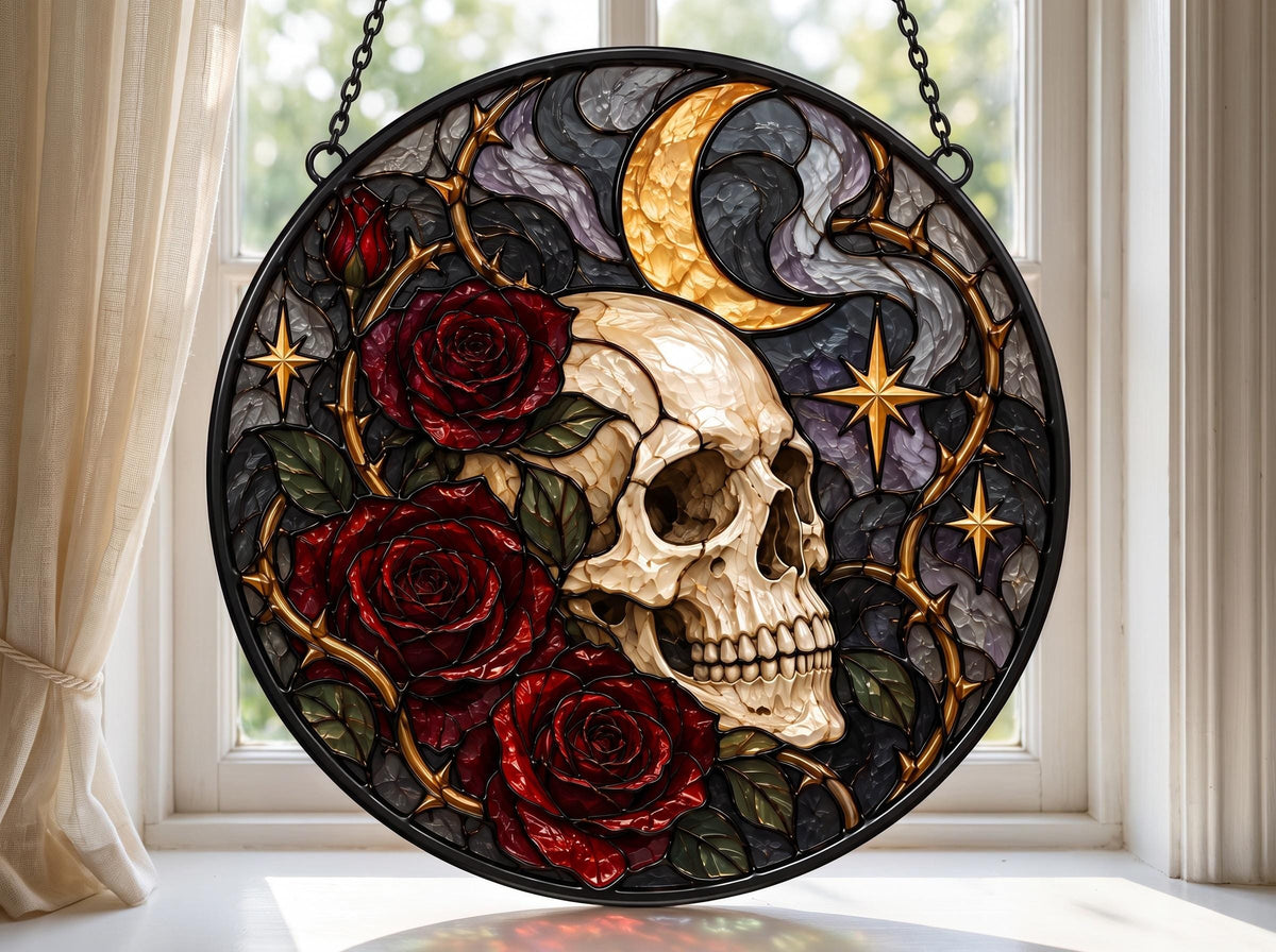 Gothic Skull Rose stained glass hanging suncatcher in a styled home interior