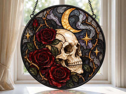 Gothic Skull Rose stained glass hanging suncatcher in a styled home interior