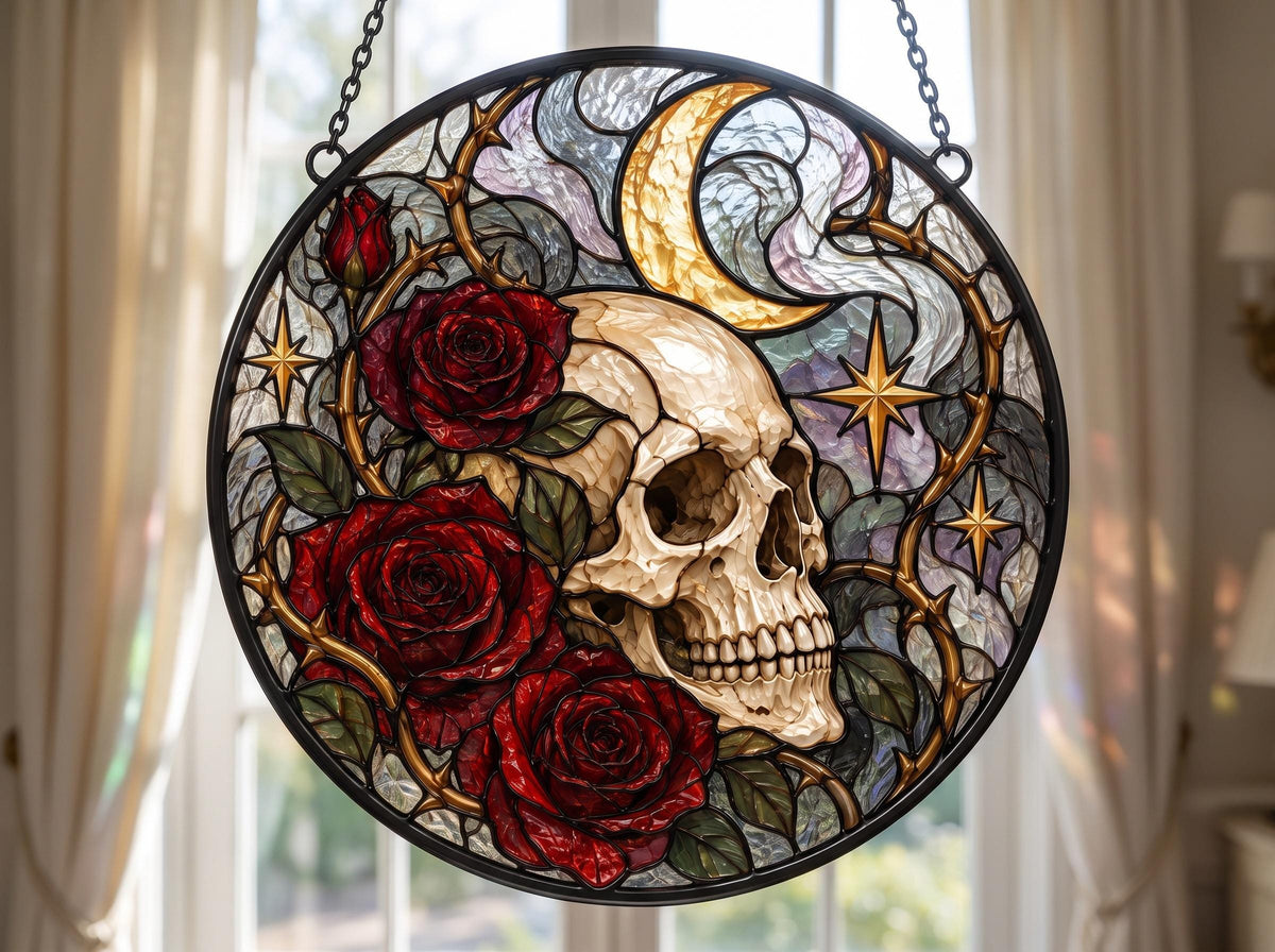 Front view of the gothic skull rose stained glass hanging suncatcher