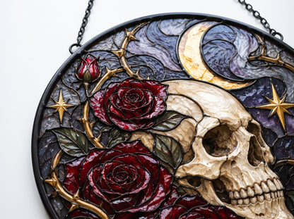 Close view showing color and texture in the gothic skull rose design
