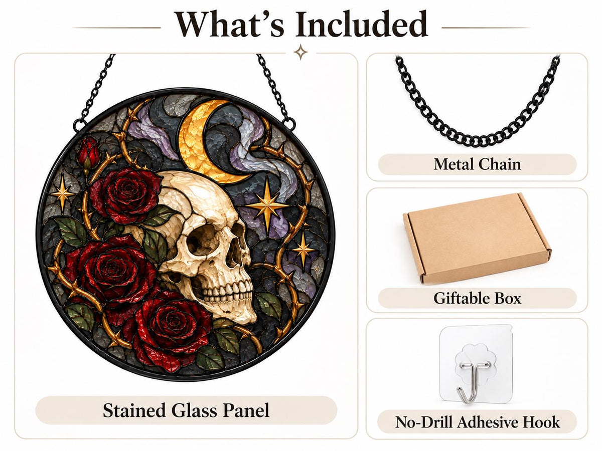 Gothic Skull Rose hanging suncatcher arranged for indoor display