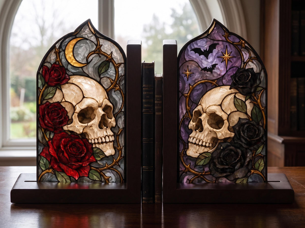 Detail view of the gothic skull stained glass artwork